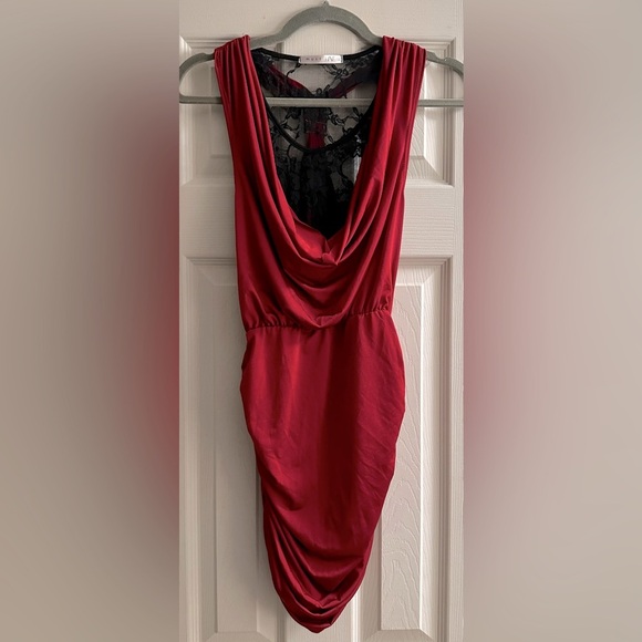 Red Draped Mini Dress with Lace Detail - Picture 1 of 6